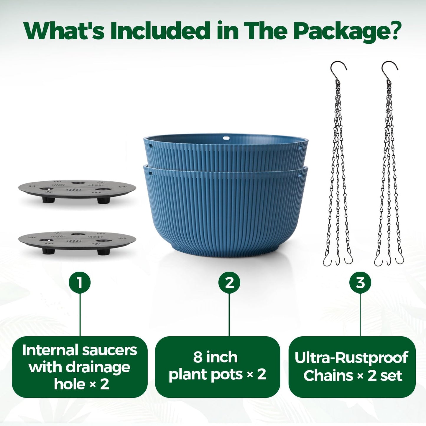 T4U 8 Inch Hanging Planters for Indoor Outdoor Plants, Self Watering Hanging Pot Pack of 2, Hanging Pots with Drainage Hole & Plug & Chain with 3 Hooks for Garden Home Decor, Blue