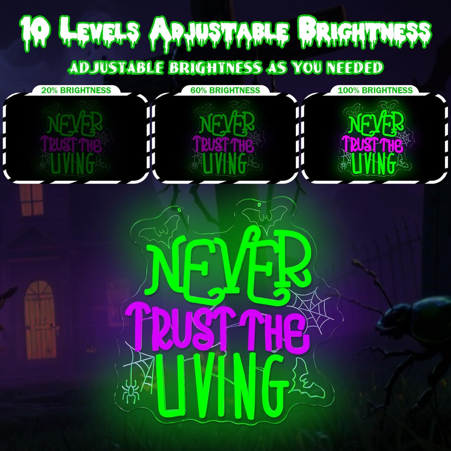 Ajoyferris Never Trust The Living Neon Sign Halloween Neon Signs for Wall Decor Dimmable Tombstone Led Sign Gothic Haunted House Neon Lights for Windows Halloween Party Decor