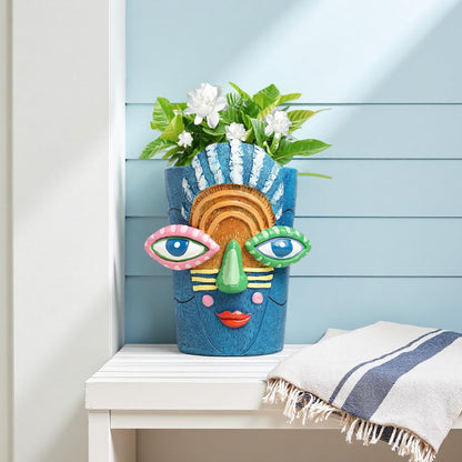 Yhupl Picasso Abstract Face Flower Pot,Plant Pot with Facial Expressions,Handmade Resin Plant Pot with Drainage Holes,for Indoor and Outdoor Botanical Home décor (Blue Small)