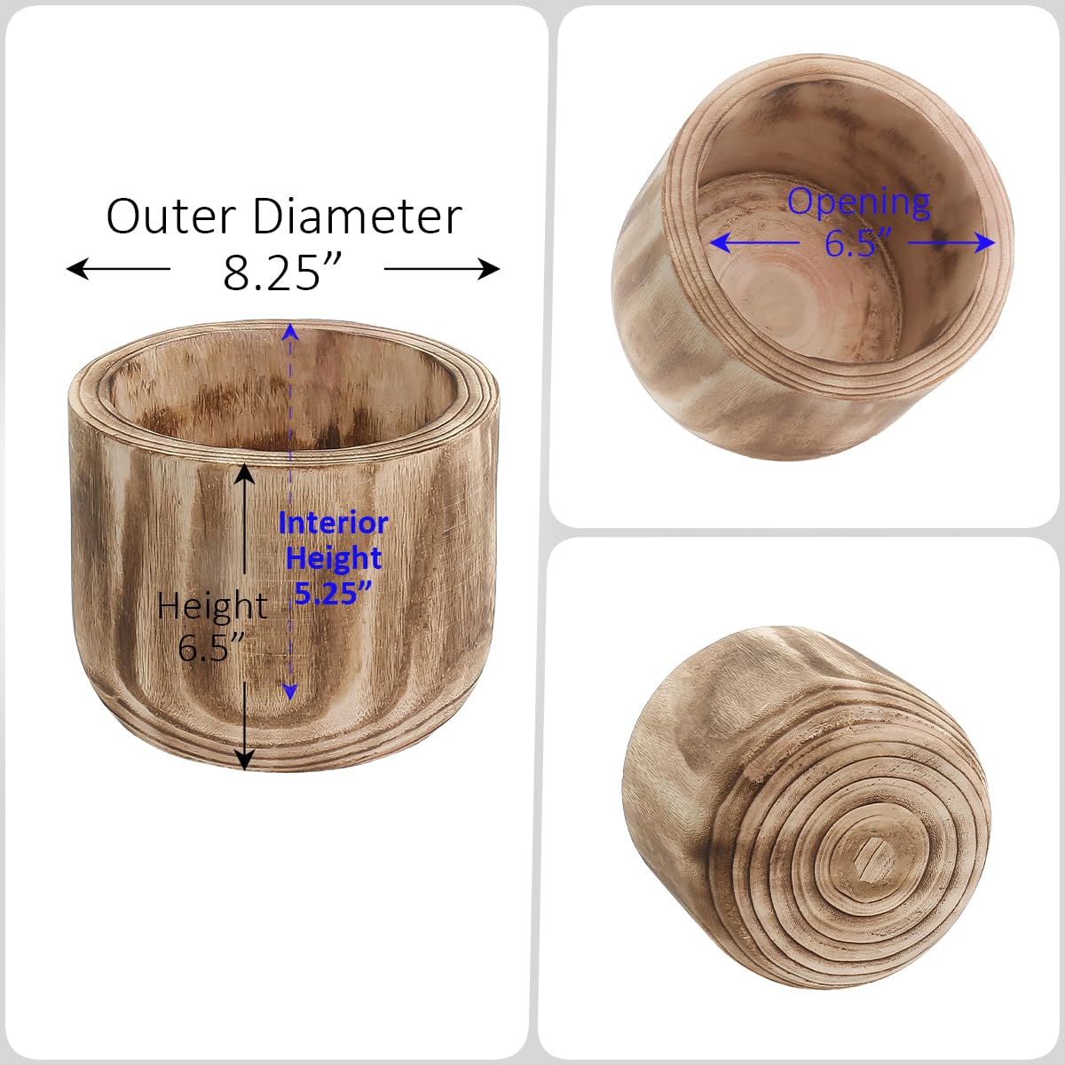 CYS EXCEL 8.25'' Burnt Finish Cylinder Planter Lightweight Natural Wood Cachepot for Indoor Plants, Succulents, Herbs, Home & Office Decor