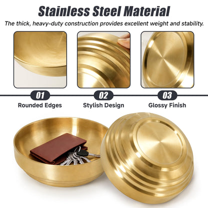 Philbinden 7.4" Gold Decorative Bowl Key Bowl Stainless Steel Fruit Bowl Modern Stylish Metal Centerpiece for Kitchen Counter, Key Catch All & Entryway Table Centerpiece