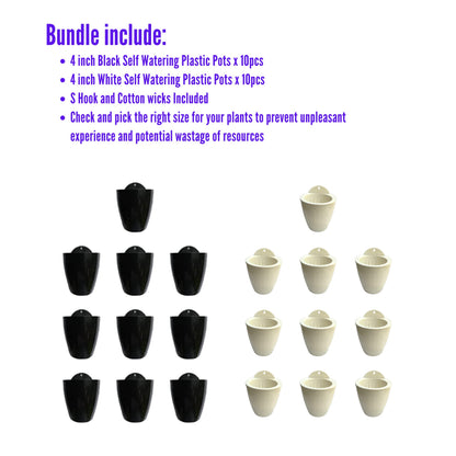 LaLaGreen Bundle - 4" x 10 Pack + 4" x 10 Pack Black and White Self Watering Plastic Pots Wall Mount Plant Holder, Modern Hydroponic Wall Hanging Pot Vertical System Living Plant Wall Garden