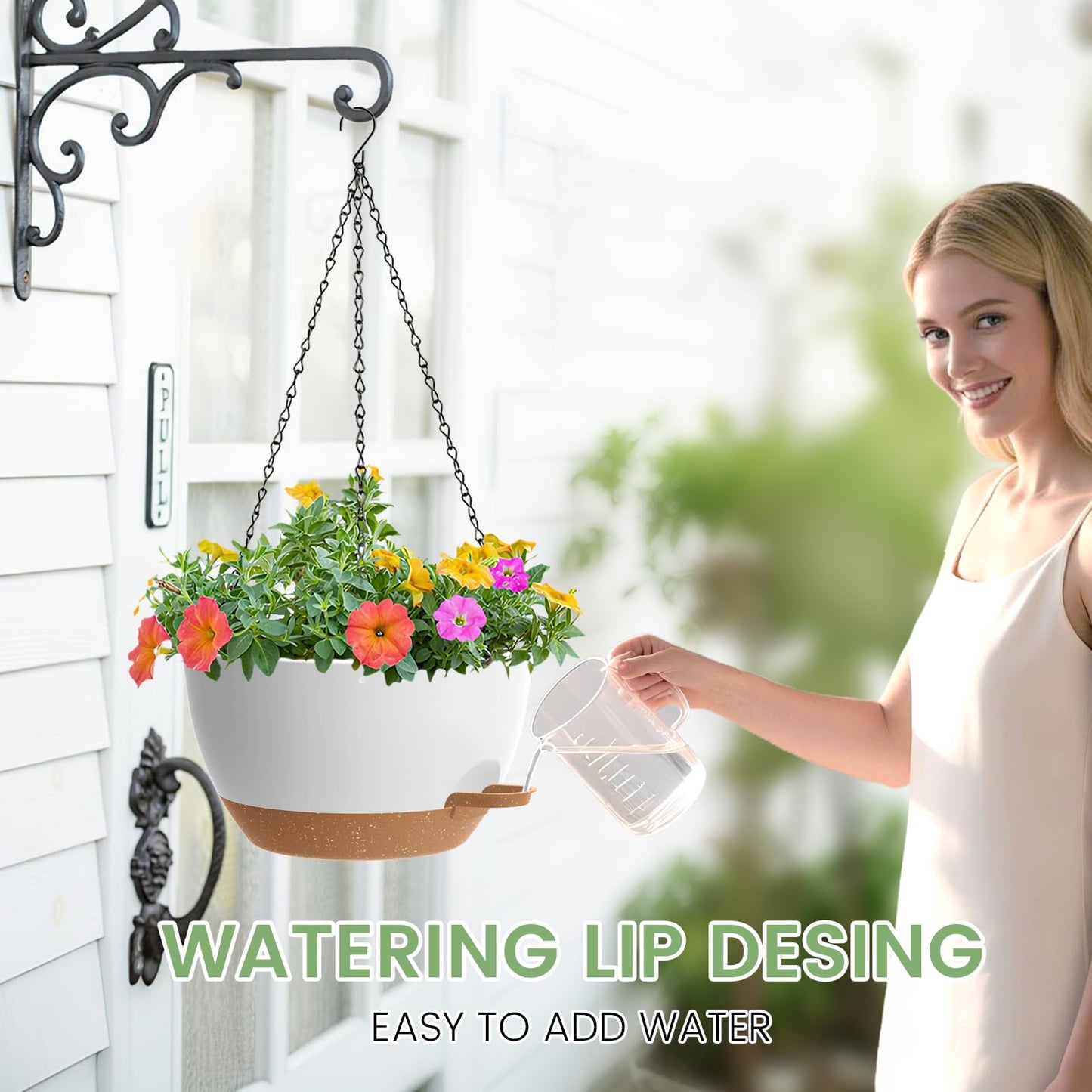2 Pack 12 Hanging Flower Pots with Chains Self Watering Plastic Planters for Indoor Outdoor Plants, Sturdy Triangular Iron Chain Design for Garden PorchPlastic hanging flower pots (2, White-brown)