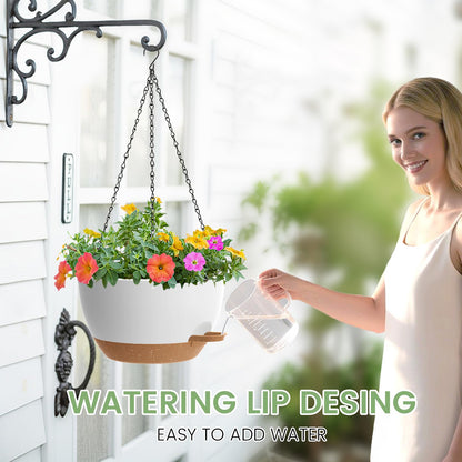 2 Pack 12 Hanging Flower Pots with Chains Self Watering Plastic Planters for Indoor Outdoor Plants, Sturdy Triangular Iron Chain Design for Garden PorchPlastic hanging flower pots (2, White-brown)