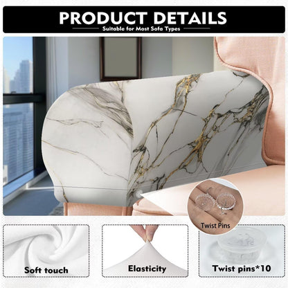 Qehuruxo White Marble Sofa Arm Covers Stretch Armrest Covers Washable Couch Arm Cover Stains Resistant Recliner Armchair Cover Anti-Slip Armrest Slipcovers Set of 2 Furniture Protector
