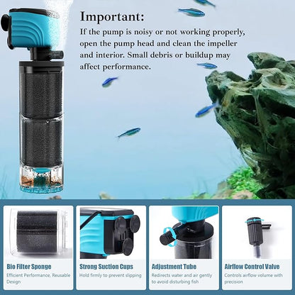Submersible Aquarium Filter, Upgraded 50-150 Gallon Fish Tank Filter with Fish Guard, Internal Whisper Pump for Turtle Tank, Debris Tray, Check Valve, Fresh/Saltwater, 12-Inch