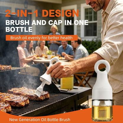 MMJ 2-in-1 Oil Dispenser with Brush, 150ml Glass Olive Oil Bottle with Silicone Basting Brush, Leak-Resistant Sauce Brush Bottle for BBQ, Baking, Grilling, Camping, White
