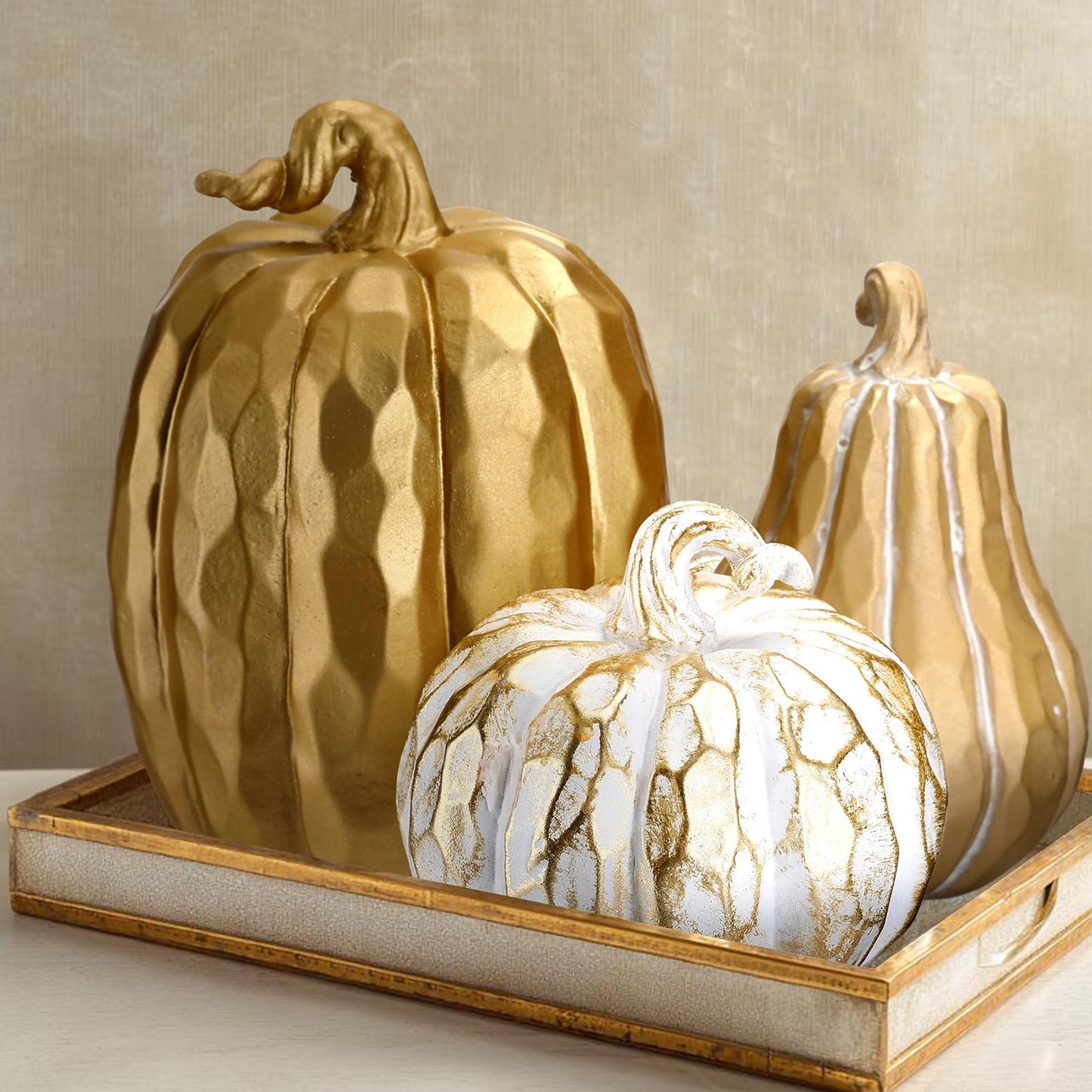 VioraWhite 3 Pack Fall Decor White and Gold Resin Figurine Thanksgiving Table Artificial Decorations for Autumn Harvest Indoor Home Farmhouse Kitchen(Pumpkin)