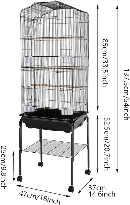 54in Metal Bird Cage Large Parakeet Cages for Parrot, Cockatiel, Lovebird, Pigeon Pagoda Bird House with Rolling Stand,Feeding Bowls & Waterer (Black-54in)