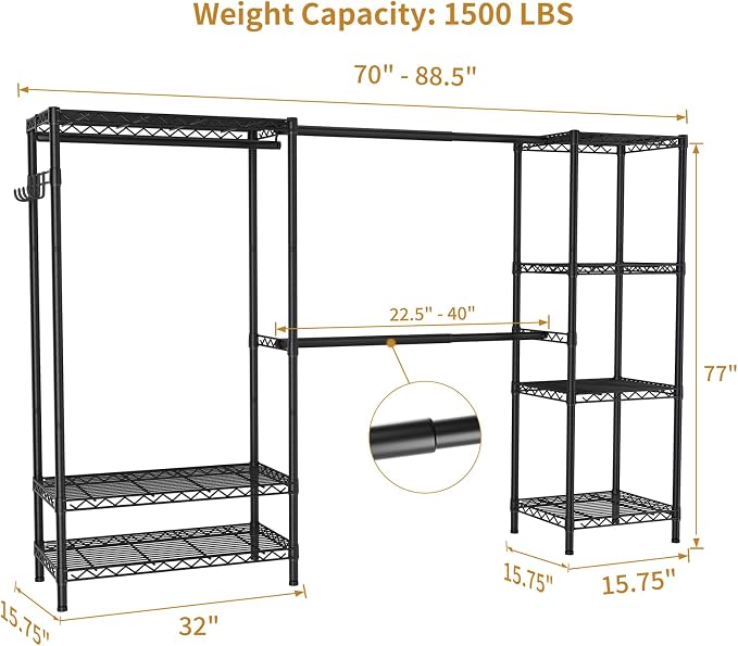 Golpart Heavy Duty Garment Rack Clothes Rack,Large Metal Closet Organizer System Storage Wardrobe,Freestanding Clothing Rack with 7 Adjustable Wire Shelves&3 Hang Rods,MaxLoad 1500lbs