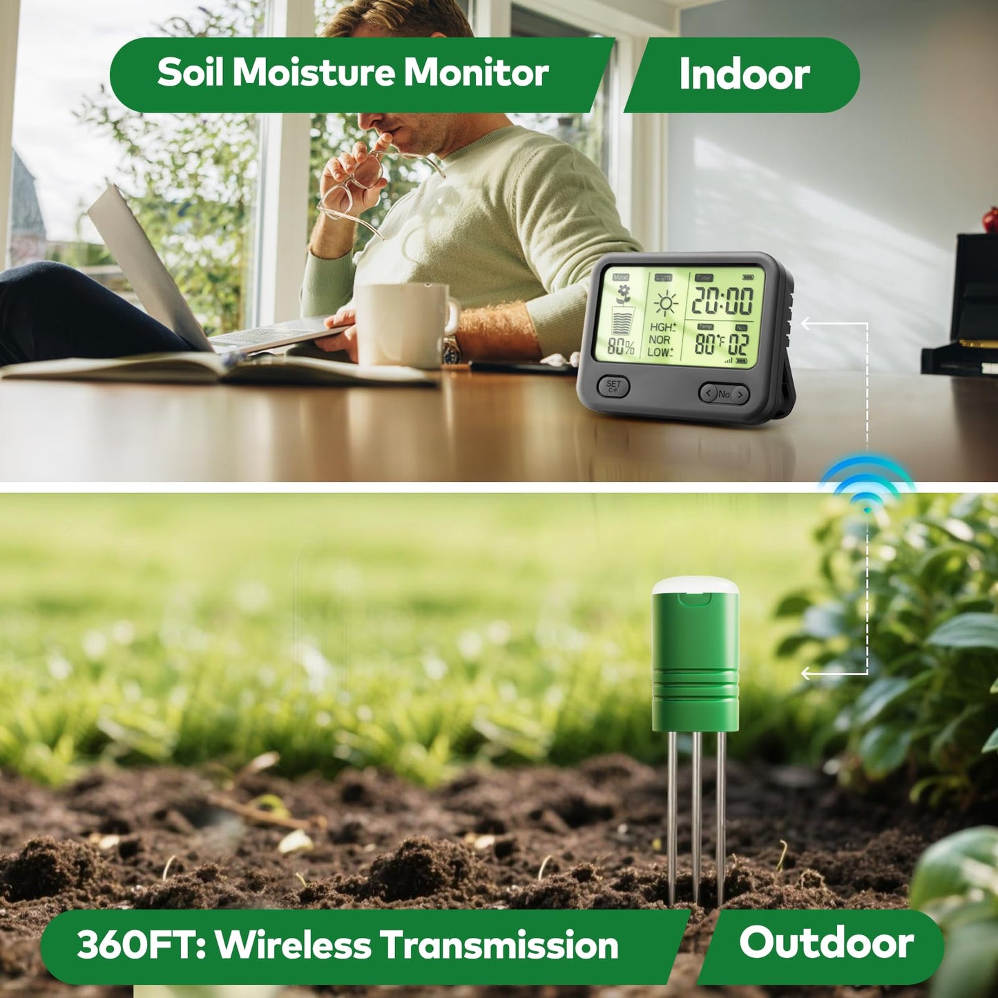 Nexuslab Wireless Soil Moisture Meter with LCD Receiver – 3‑Probe 3‑in‑1 Sensor (Moisture, Temperature, Light), 230 ft RF Range, Waterproof, Long Battery Life for Indoor/Outdoor Plants and Gardens