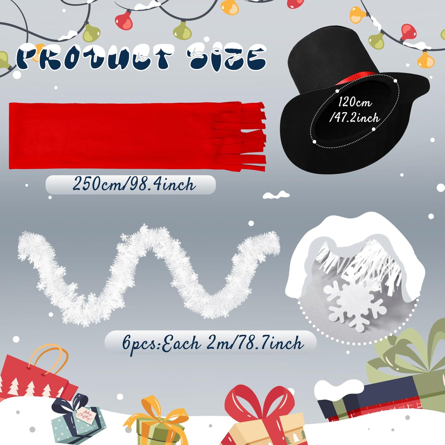 Geyoga 9 Pcs 12 ft Skeleton Christmas Snowman Costume Kit Includes Santa Top Hat, Red Scarf, Carrot Nose 6 Pcs Christmas White Garlands for Skeleton Clothes Accessories Set Winter Party Garden Decor