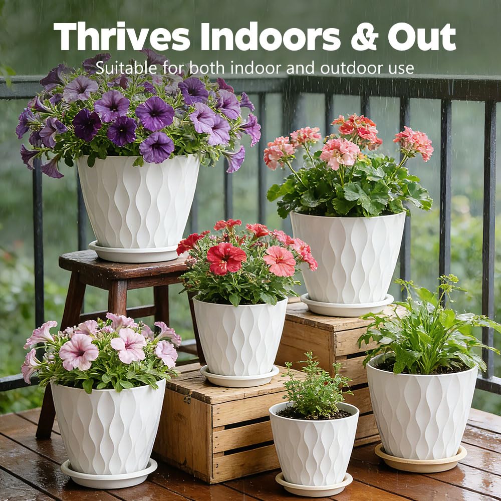 KEETUMOOD Plant Pots, Self Watering Planters with Drainage Holes and Trays, Flower Pots for Indoor Outdoor - 6 Pack(4/5/6/6.5/7/8 Inch) (White)