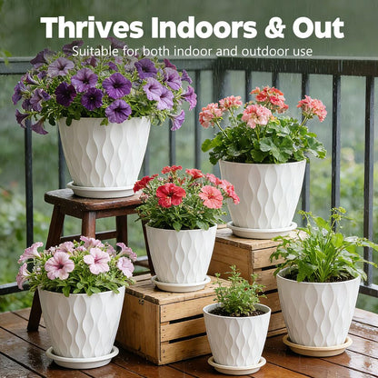 KEETUMOOD Plant Pots, Self Watering Planters with Drainage Holes and Trays, Flower Pots for Indoor Outdoor - 6 Pack(4/5/6/6.5/7/8 Inch) (White)