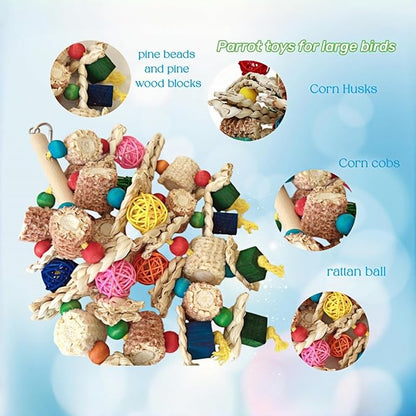 Bird Parrot Toys for Cage, 2 Pack Chew Toys with Corn Cob, Cuttlebone & Colorful Blocks for Small to Medium Parrots Like Parakeets, Conures, Cockatiels (Colorful Toy + Cuttlefish Bone)