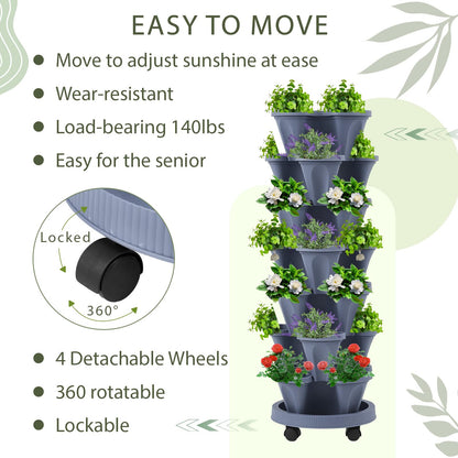 Umigy 2 Set of 7 Tier Vertical Planter Stackable Tower Planters Strawberry Herb Flower and Vegetable Pots Indoor Outdoor Gardening Pots with Removable Wheels and Tools(Dark Gray)