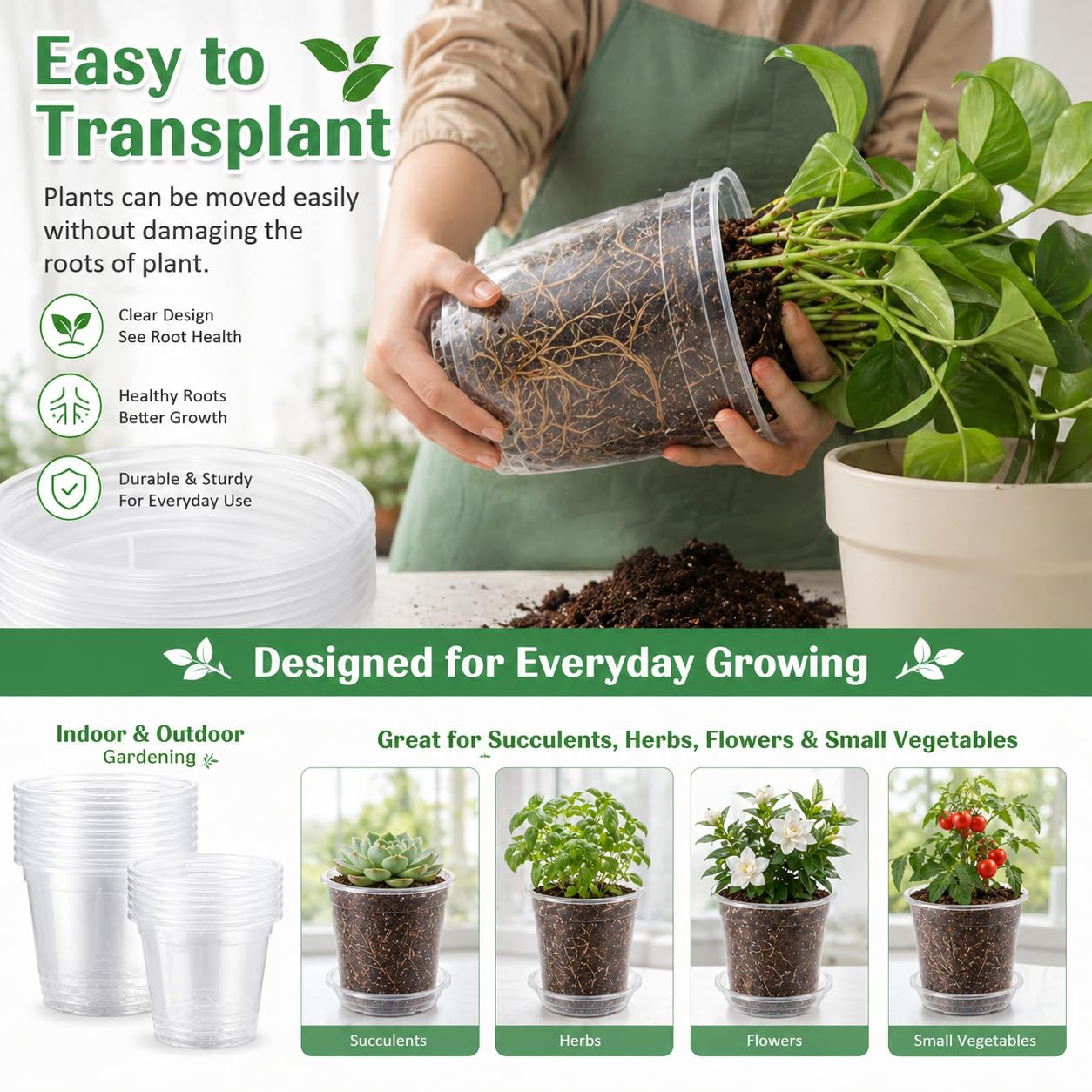 TESSTSY 30 Pack 7/6/5/4/3 Inch Clear Nursery Pots with Drainage and Saucer, Plastic Pots for Planter, Clear Potting Pots for Succulents, Flower, Small Herbs, Indoor Outdoor Gardening