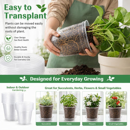 TESSTSY 30 Pack 7/6/5/4/3 Inch Clear Nursery Pots with Drainage and Saucer, Plastic Pots for Planter, Clear Potting Pots for Succulents, Flower, Small Herbs, Indoor Outdoor Gardening