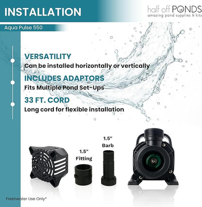 HALF OFF PONDS Submersible Water Pump, 550 GPH Pond Pump with 33FT Power Cord and 11FT Max Head, 54W Ultra Quiet Energy Efficient Pump for Koi Pond, Fountain, Waterfall, Water Garden, Skimmer
