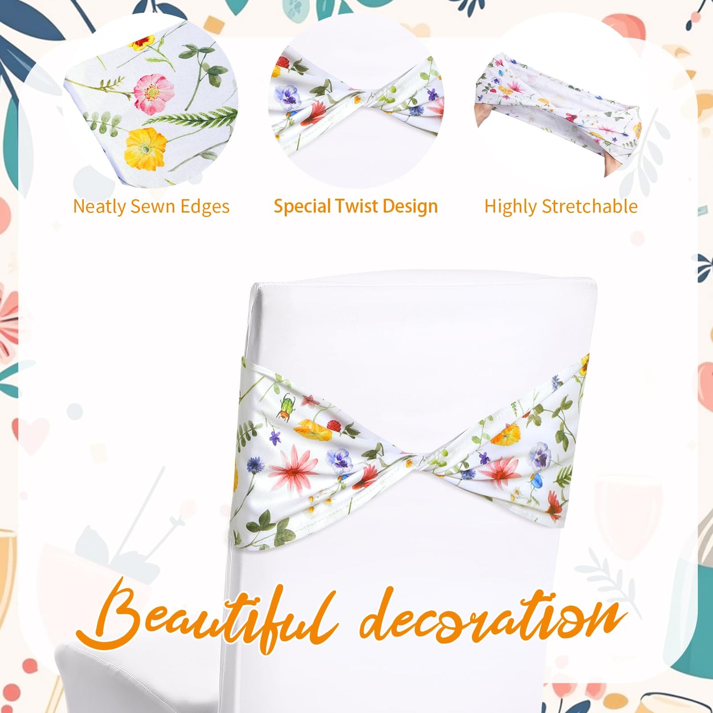 Newwiee Floral Spandex Chair Sashes Floral Print Elastic Chair Sashes Bow Polyester Chairs Cover Bands Ties Without Buckle for Birthday Party Decor