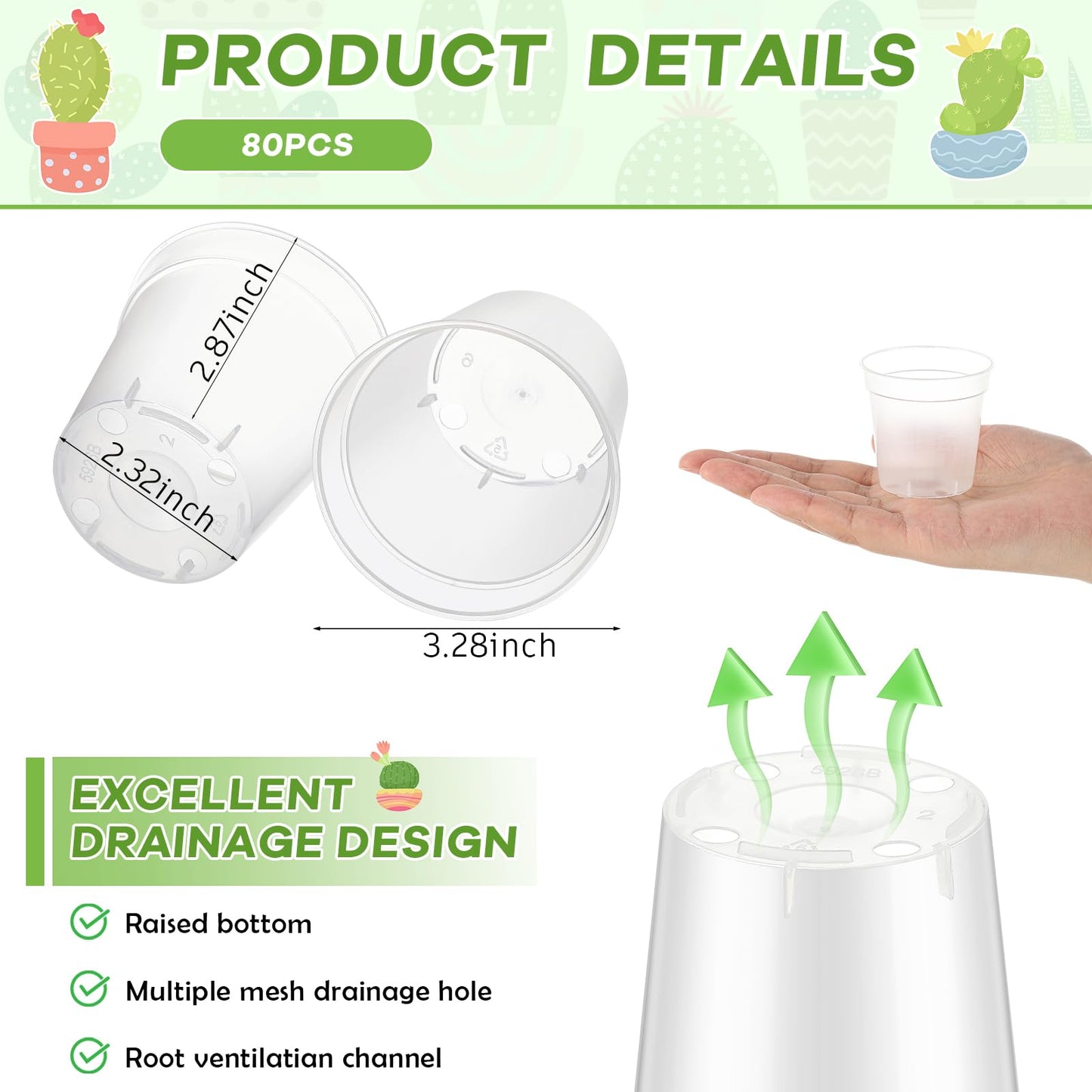 Yaomiao 80 Pcs 3 Inch Clear Mini Plastic Plant Pot Nursery Seedling Pots Seed Starter with Drainage Holes for Indoor Outdoor Garden Succulent Plants Cuttings Transplanting