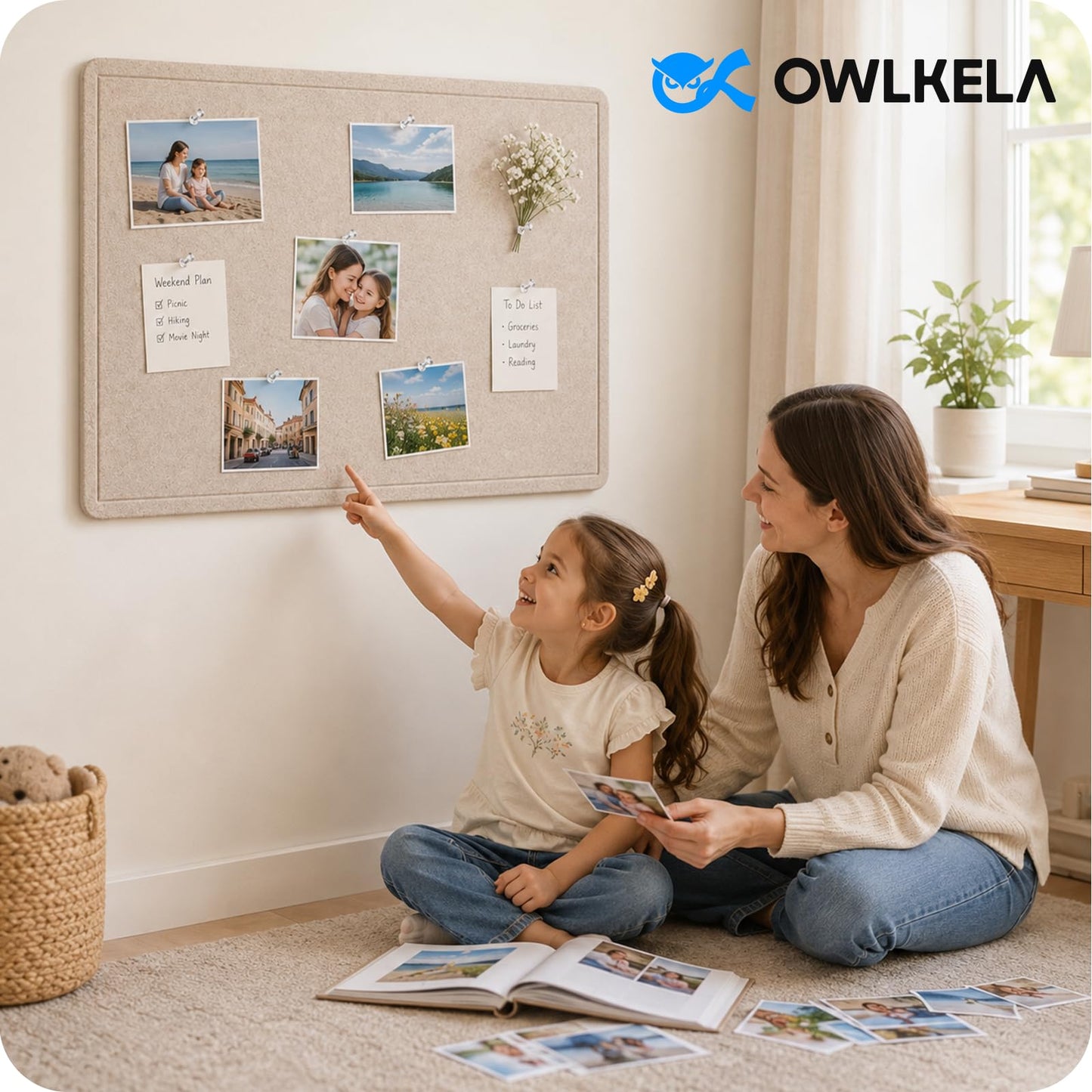 OWLKELA 36 x 24 inch Felt Bulletin Board, Self-Adhesive Pin Board with 20 Pushpins, Cork Board Alternative for Office Home School, Oatmeal