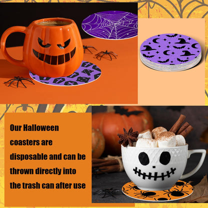Denylo pro 120Pcs Halloween Disposable Paper Coasters 4 Inch Halloween Bat Spider Pumpkin Ghost Drink Paper Coaster for Halloween Home Kitchen Office Housewarming Party Table Decoration Supplies