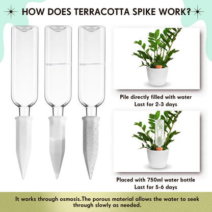 Ziliny 8 Pcs White Terracotta Watering Spikes with 25 oz Plastic Bottles Set, Plant Watering Devices Vacation Plant Waterer Self Watering Planter Devices Slow Release Planter for Indoor Outdoor