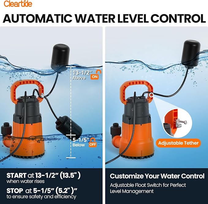 Cleartide Submersible Water Sump Pump with Float Switch, 1/2 HP 3060 GPH High Flow, Ideal for Yard and Flooded Cellar, Hot Tub, Garden Irrigation, Debris-Handling up to 3/8", 10 FT Cord