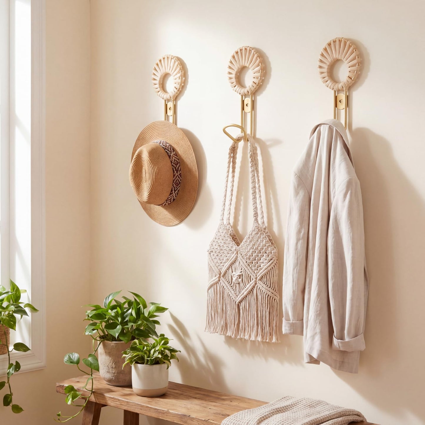 Novabright 3 Pcs Decorative Boho Wall Hooks Woven Rattan Metal Hanging Holder Gold Farmhouse Coat Rack Hooks with Screws for Hanging Coats, Keys, Towels, Bags, Coat Rack for Home Decor Entryway