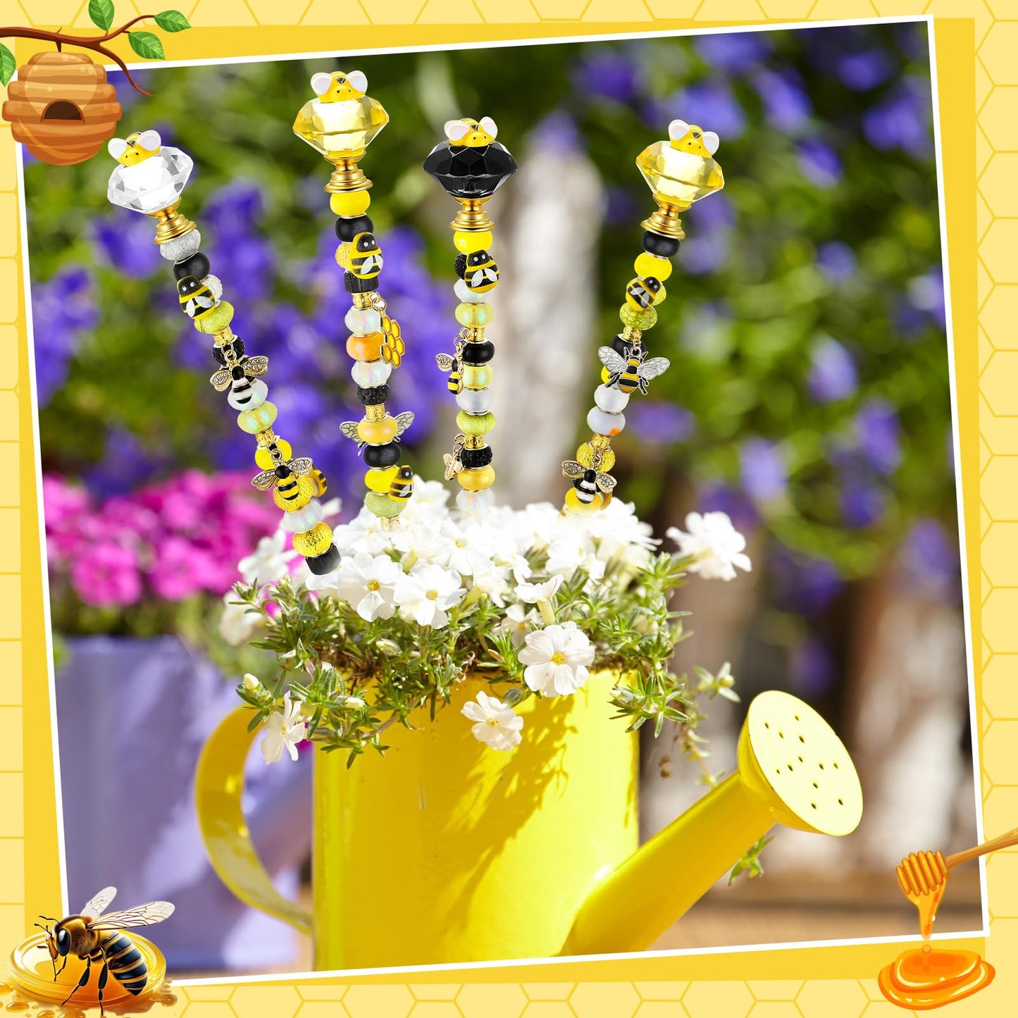 Lineshading 118 Pcs Bee Garden Stakes Fairy Wand DIY Beaded Stakes Garden Decor Includes 4 Crystal Stopper Top 10 Bee Pendant 68 Large Hole Beads 4 Threaded Rods 4 Pcs Nuts, for Craft Supply