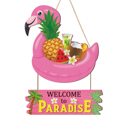 HOURIA Welcome to Paradise Door Sign(16”*11.4”), Pink Flamingo Hawaiian Summer Beach Wall Hanging Sign, Summer Coastal Tropical Fruit Coconut Tree Door Decor for Front Door Porch Pool Yard Beach Bar