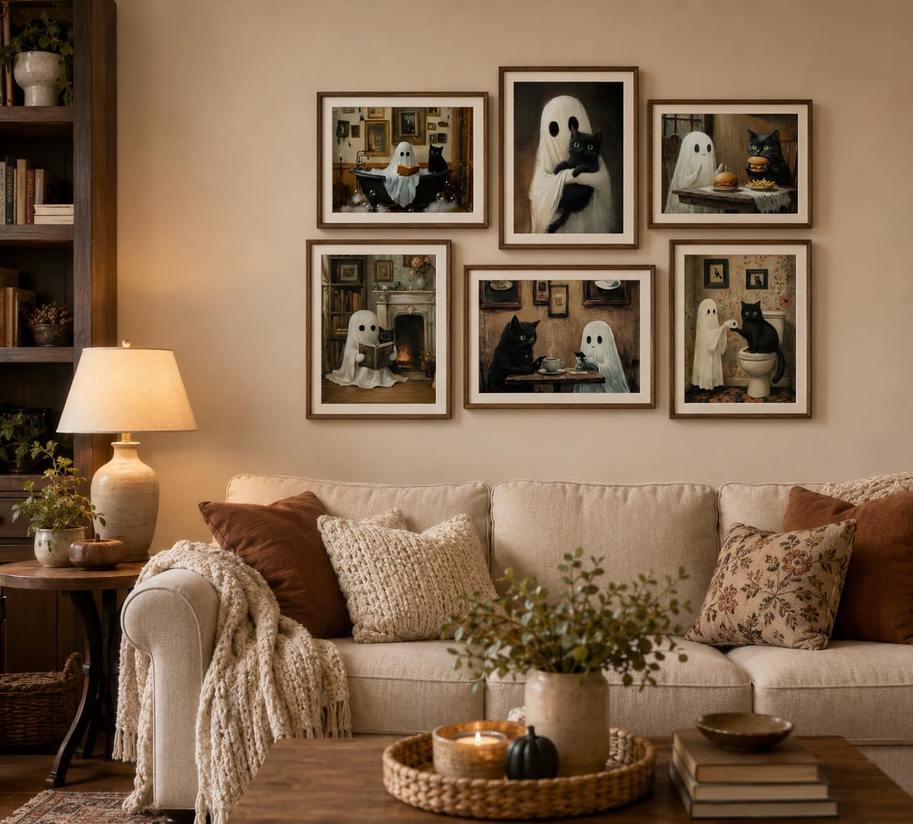 6Pcs Halloween Ghosts Wall Art Ghost Black Cat Funny Gothic Wall Decor Pictures Retro Horror Creepy Dark Academia Poster Prints for Bedroom Gallery Bar Home Decoration 8x10in Unframed