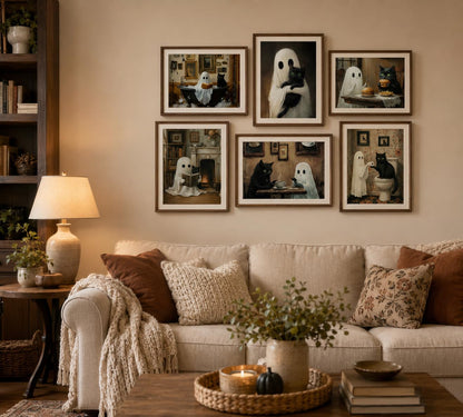 6Pcs Halloween Ghosts Wall Art Ghost Black Cat Funny Gothic Wall Decor Pictures Retro Horror Creepy Dark Academia Poster Prints for Bedroom Gallery Bar Home Decoration 8x10in Unframed