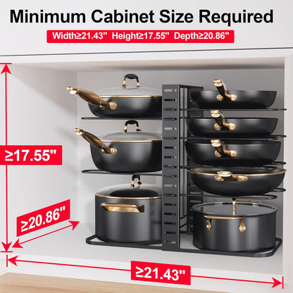 MUDEELA Pots and Pans Organizer Rack under Cabinet 14.55in Height, 8-Tier Kitchen Cabinet Organizers and Storage, Light-Duty Adjustable Pot Racks, Pan Organizers inside Cabinet with 3 DIY Methods