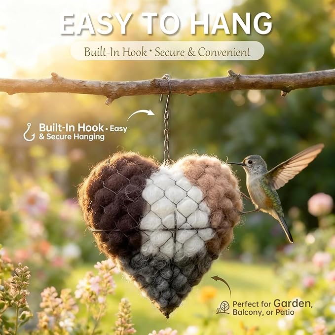 Handmade Alpaca Fiber Bird Nesting Heart – Refillable Bird Haven with 6 Nesting Material Refill Bags – Eco-Friendly Hanging Nest for Hummingbirds & Wild Birds, Garden & Yard Décor (3Sets)