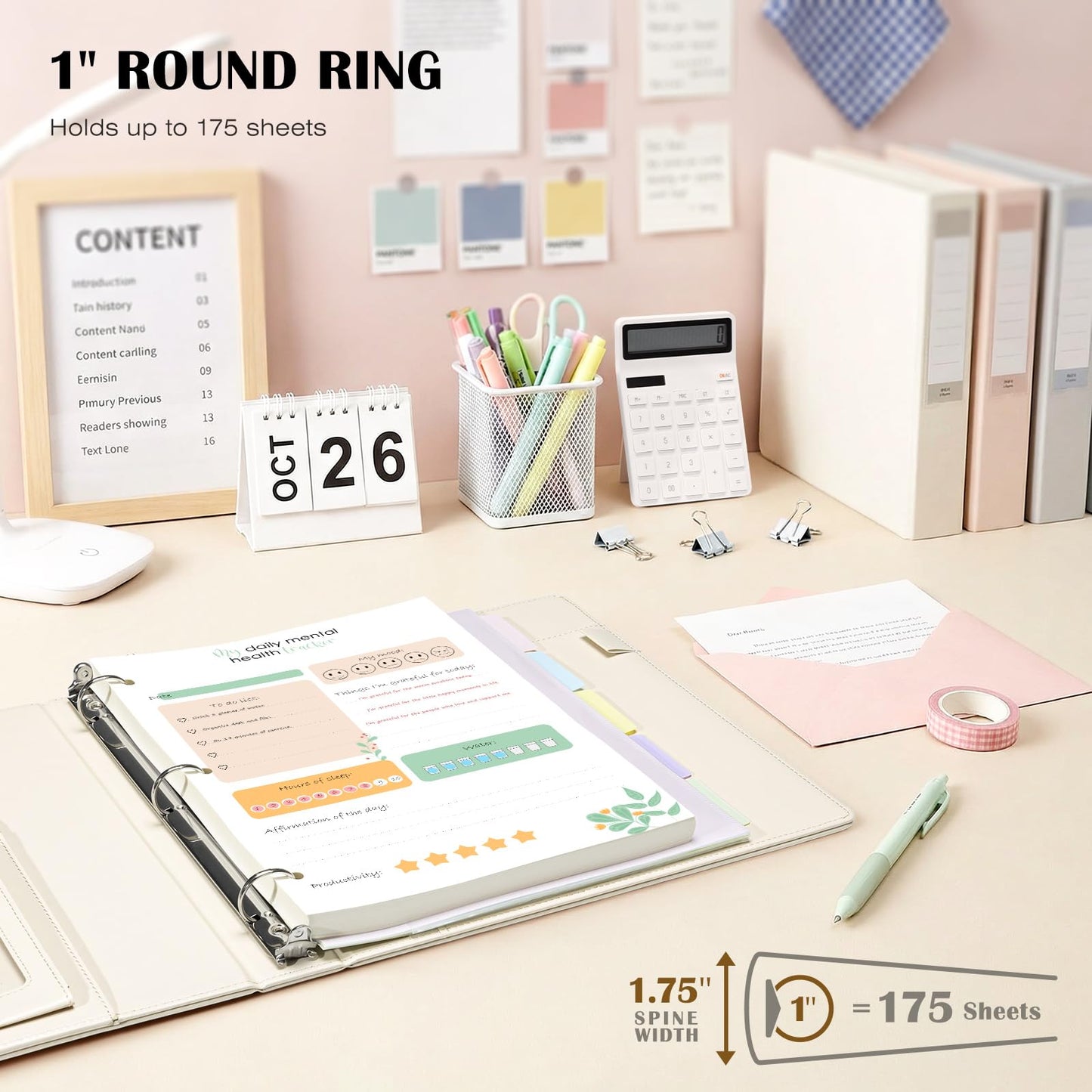 Ospelelf Leather 3 Ring Binder for Letter Size Documents with Pocketed Dividers, 1 Inch Round Rings, Holds 175 Sheets, Binders with Storage Bag & Notepad, for Office School Home Organization, White