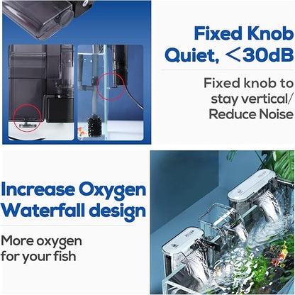 LAQUAL Aquarium Filter with Surface Skimmer, 10 Gallon Small Fish Tank Filter, 3-Layer Filtration, Adjustable Water Flow, Waterfall Design for Increasing Oxygen, Quiet & Efficient Hang on Back Filter