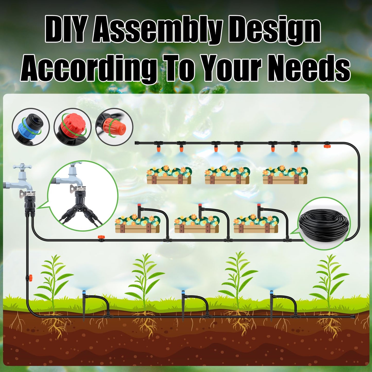 100FT Drip Irrigation System Kit, Automatic Watering System with 30 Adjustable Nozzles & 30M 1/4" Tubing – DIY Solution for Gardens, Greenhouses, Patios & Lawn – Effortless Plant Care + Water-Saving