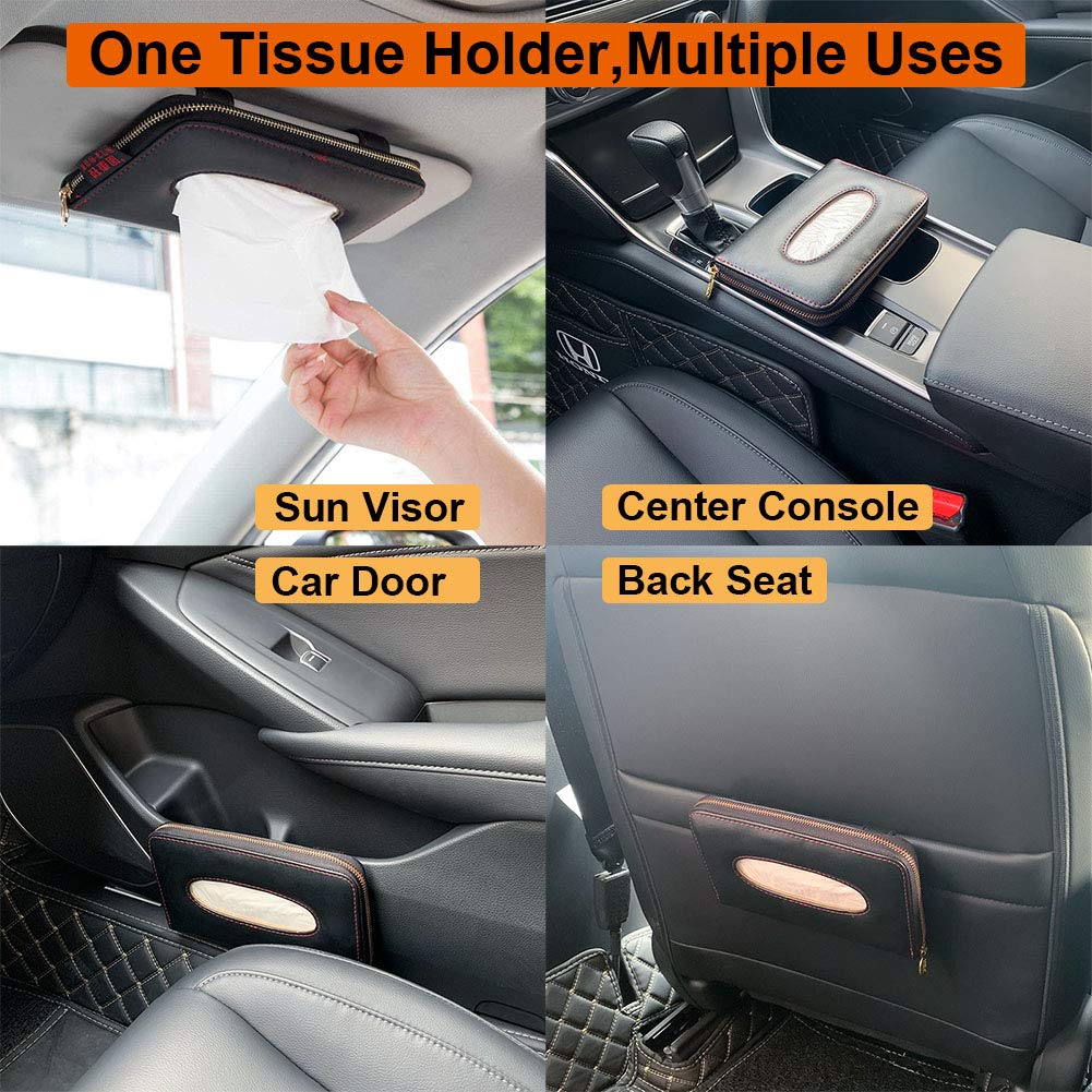 Cartisen Car Tissue Holder, Sun Visor Tissue Holder, Car Visor Napkin Holder, PU Leather Backseat Tissue Case Holder for Car Vehicle with Zipper (Black)