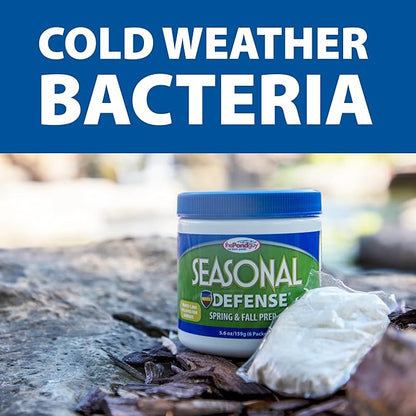The Pond Guy Seasonal Defense, Spring & Fall Beneficial Bacteria, Barley & Enzymes, Cold Water Pond Sludge & Scum Treatment, Fish & Plant Safe, 96 Packets