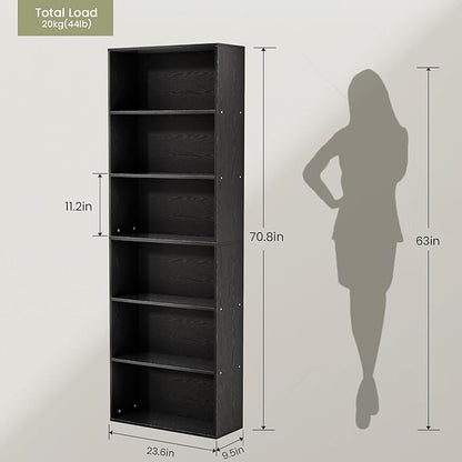 GRUSIGN 71" Tall 6-Tier Bookshelf, Large Open Display Bookcase with Ample Storage, Floor Standing Book Shelf for Living Room, Home Office, Bed Room, Black