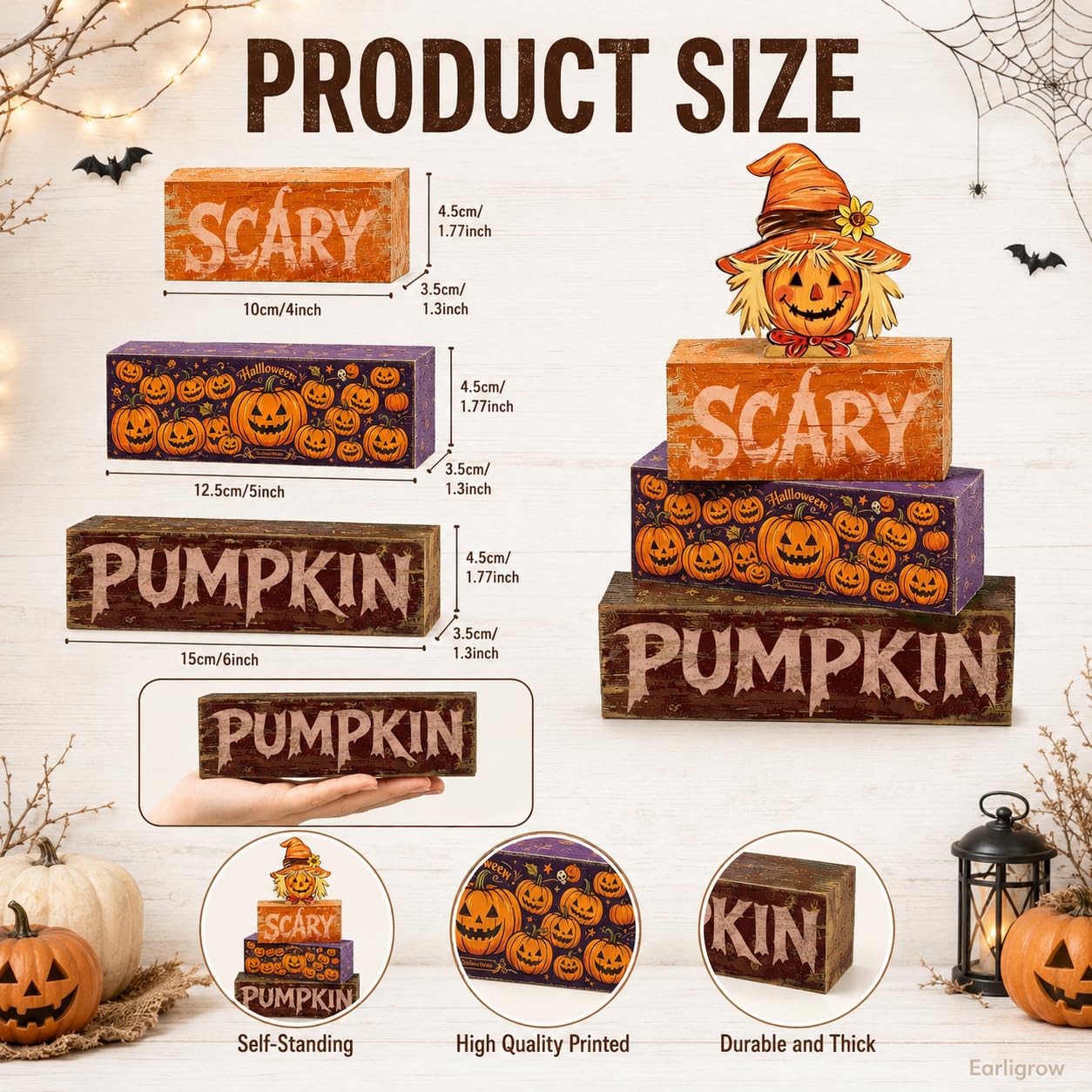4 Pcs Halloween Table Decor Wooden Scarecrow Tiered Tray Decorations Rustic Farmhouse Tabletop Centerpiece Scary Pumpkin Wood Block Signs for Home Kitchen Shelf Mantel Office Desk