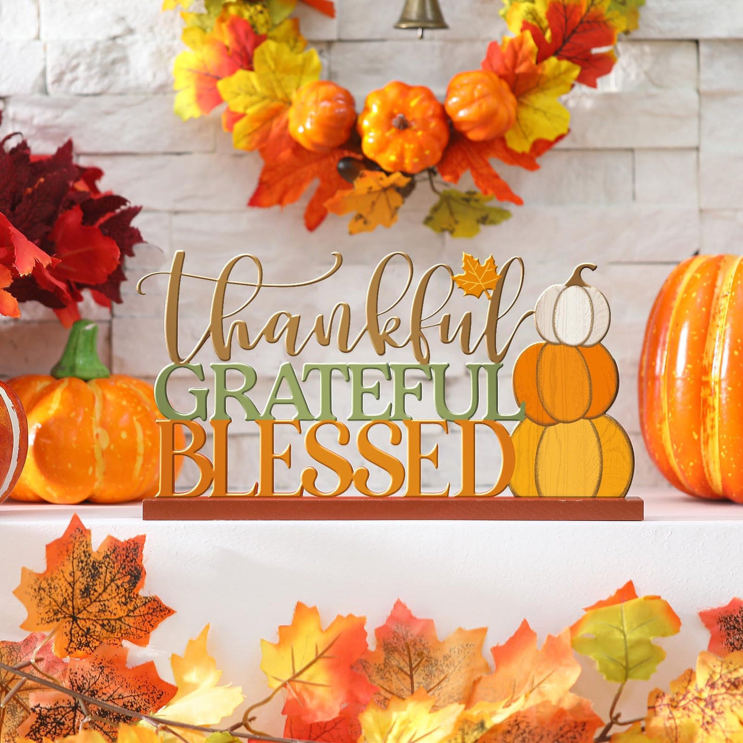 Cinnvoice 11.81 Inch Thanksgiving Table Sign Fall Decorations for Home Thanksgiving Metal Letter Centerpiece Decorations with Wooden Base Pumpkin Grateful Thankful Blessed Sign for Shelf Mantel