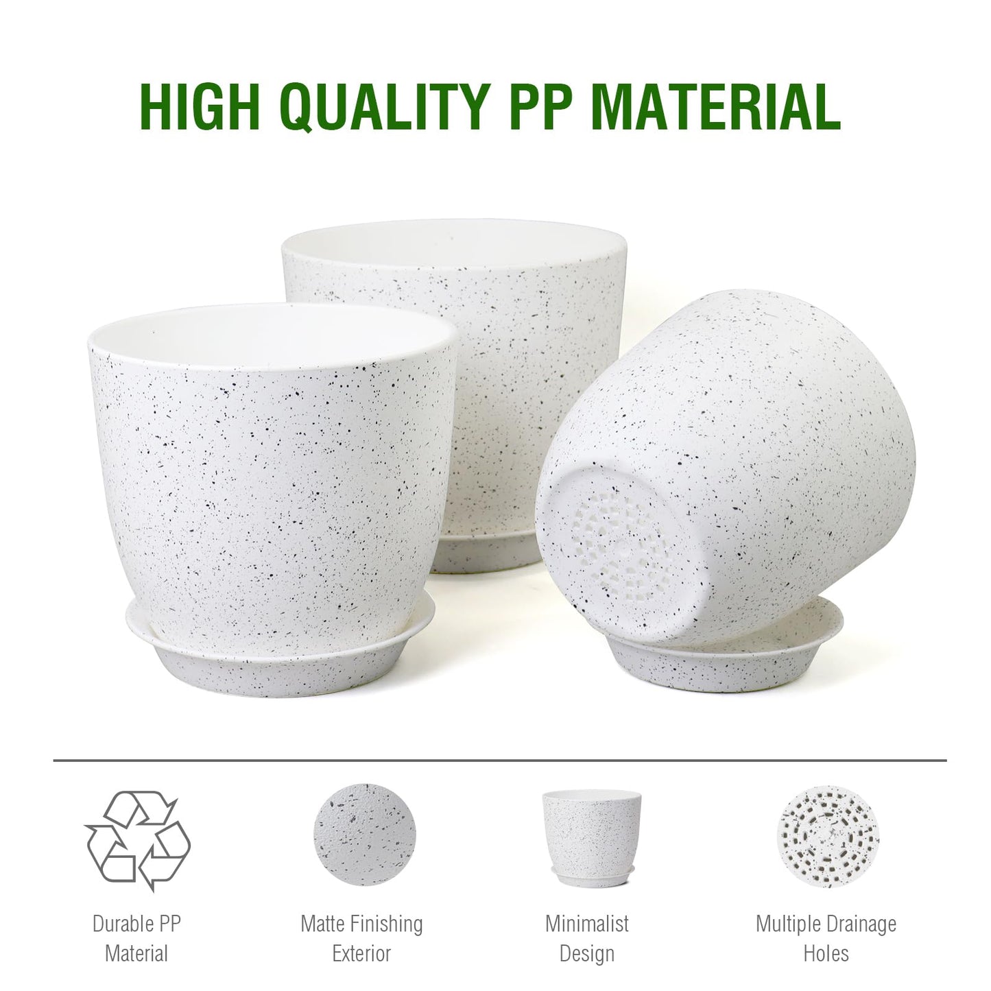 WSMKSZ Large Flower Pots 12/10/9 inch, Set of 3 Modern Decorative Plastic Planters with Drainage Holes and Saucers for Garden House Plants, Plant Pots for Indoor Outdoor Plants, Speckled White