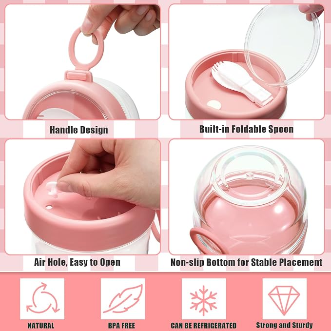 Gerrii 4 Pcs Overnight Oats Container with Lids and Spoons, 20 oz Plastic Overnight Oats Jars Large Capacity Airtight Yogurt Container for Milk, Fruit, Cereal and Salad Storage (Pink)