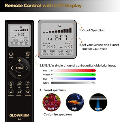 GLOWRIUM LED Aquarium Light with Remote, Full Spectrum Fish Tank Light with Auto Timer, IP67 Waterproof Freshwater Planted Tank Light, Dimmable RGB+W+Moon LEDs with High Performance (23W 30-35inch)