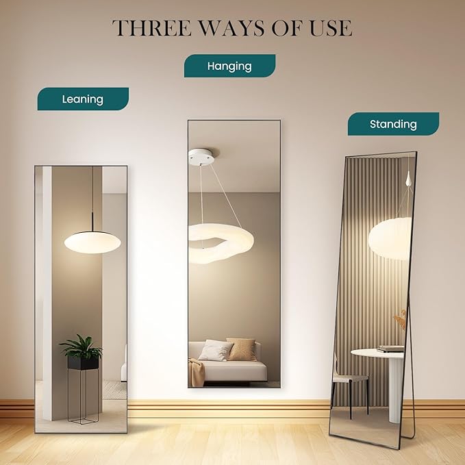 NEWBULIG Mirror Full Length, 16"x59" Body Wall Mirrors with Shatter-Proof Glass, Upgraded Floor Standing Mirror, Hanging or Leaning, with Stand Aluminum Alloy Frame for Home Decor, Bedroom, Black