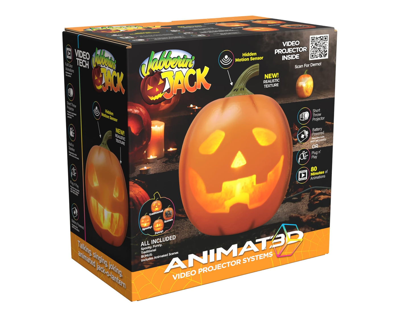 ANIMAT3D Jabberin' Jack Motion Sensor 12 Inch XL Talking Animated Orange Pumpkin with Built in Video Projector and Speaker Includes 80 Minutes of Content