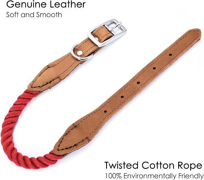 Mile High Life Genuine Leather Dog Collar, Durable Braided Cotton Rope Collar with Metal Pin Buckle for Small Medium Large Dogs (Red, L Neck 17"-21")
